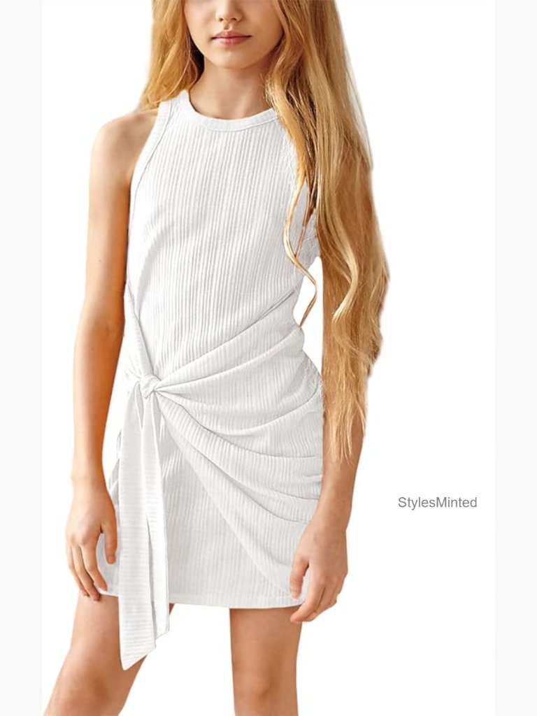 Girls Ribbed Knit Sleeveless Tie Twist Slim Fit Party Dress